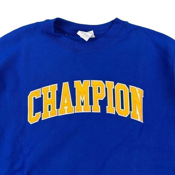 New Champion Men Blue Sweatshirt Crew Neck Fleece Pullover Yellow Logo US M - Picture 5 of 9